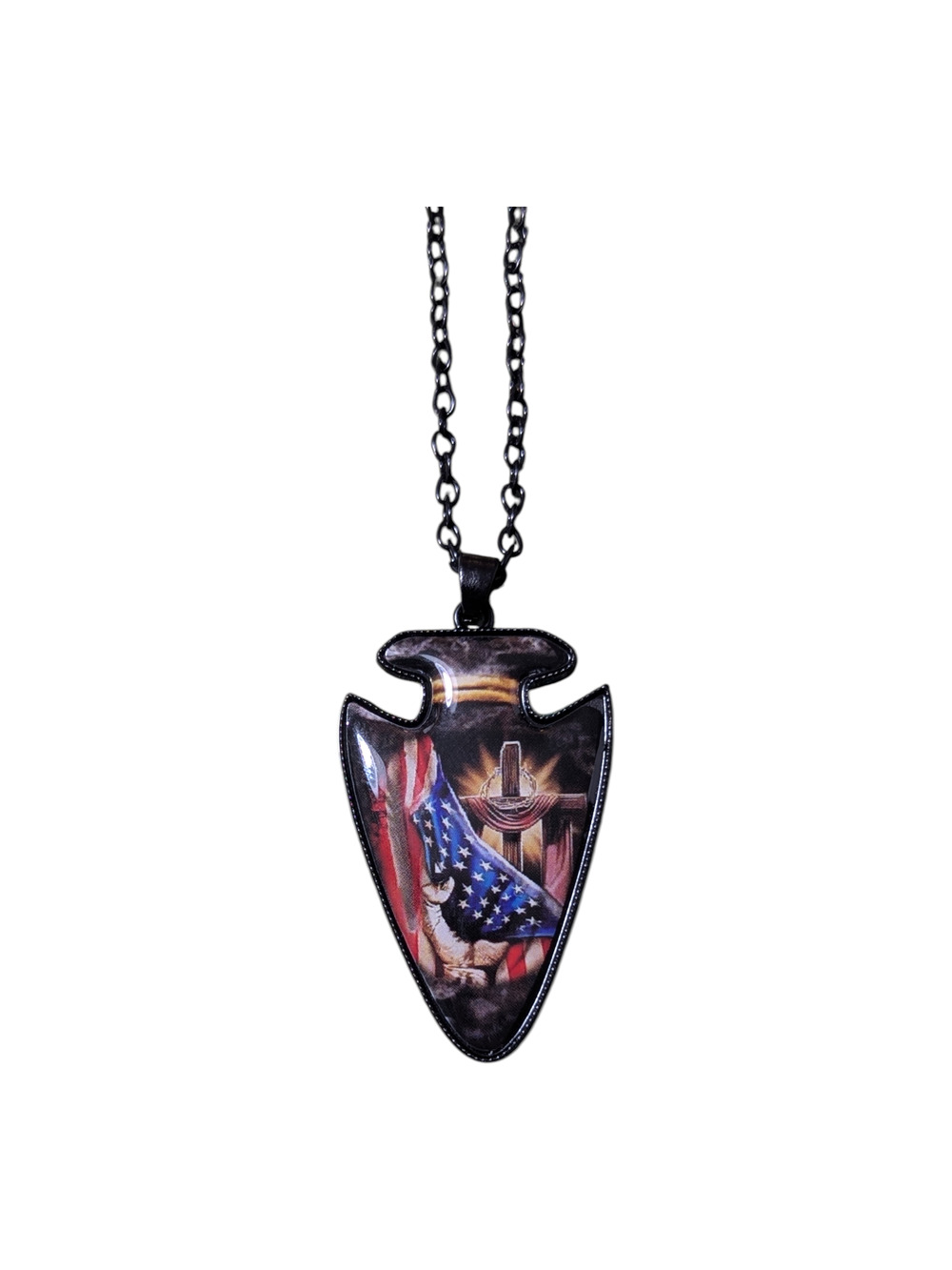 American Battle Flag & Cross Design Necklace - Arrowhead Shaped Pendant NWT